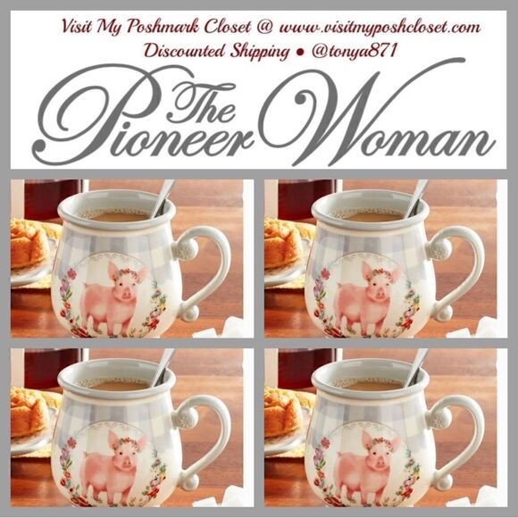 🦋 New Pioneer Gray Gingham Pig Ceramic 15-Ounce Mugs, Qty 4 - Picture 3 of 7